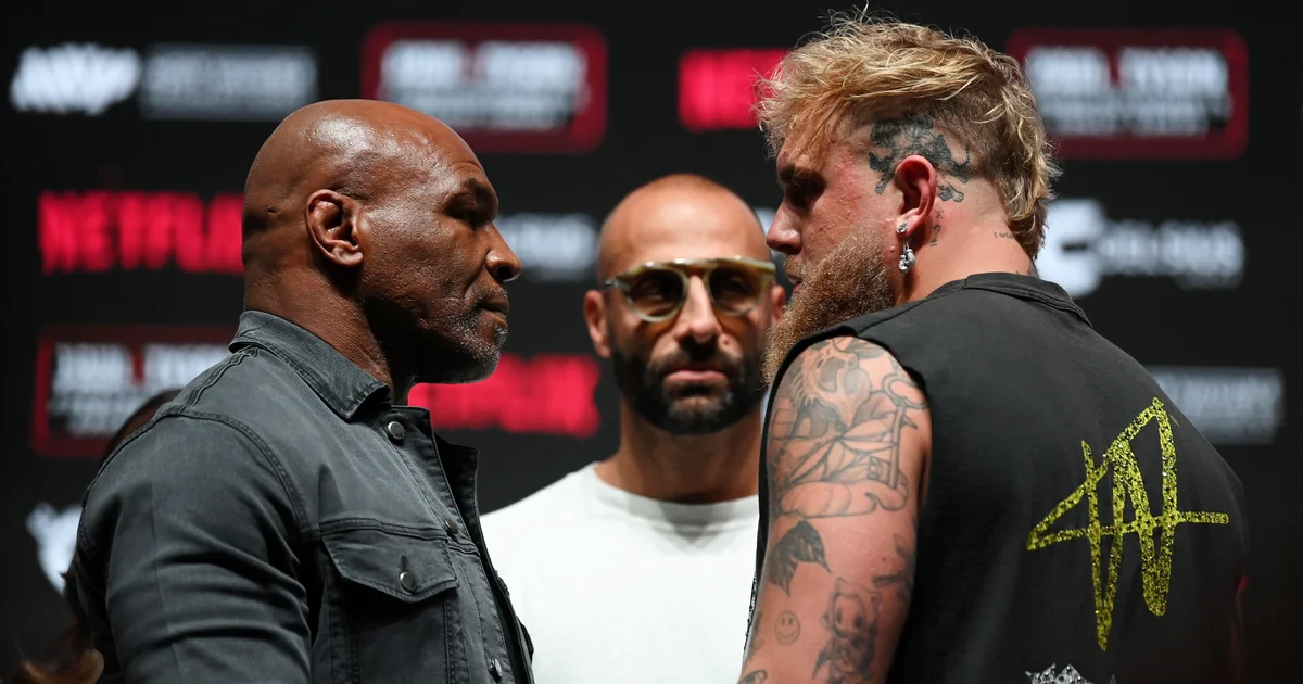Mike Tyson and Jake Paul face off at a Netflix press event ahead of their November 2024 fight