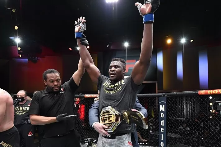Francis Ngannou after knocking out Stipe Miocic to win the UFC heavyweight title at UFC 260