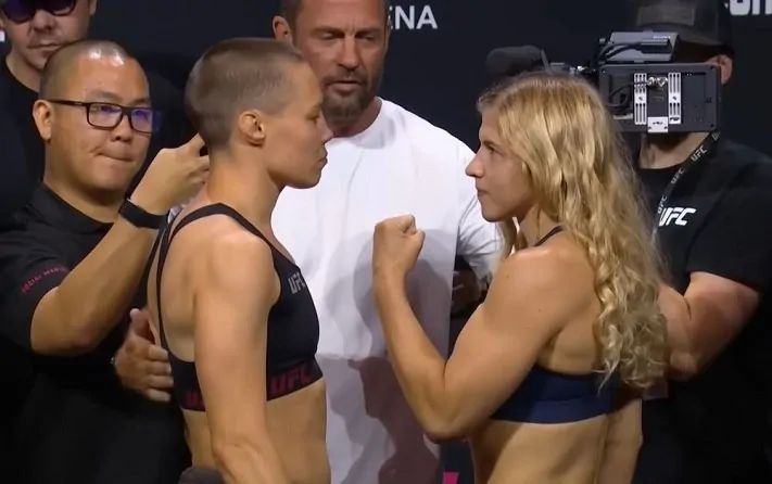 Rose Namajunas faces off with Miranda Maverick at the UFC Atlanta weigh-ins