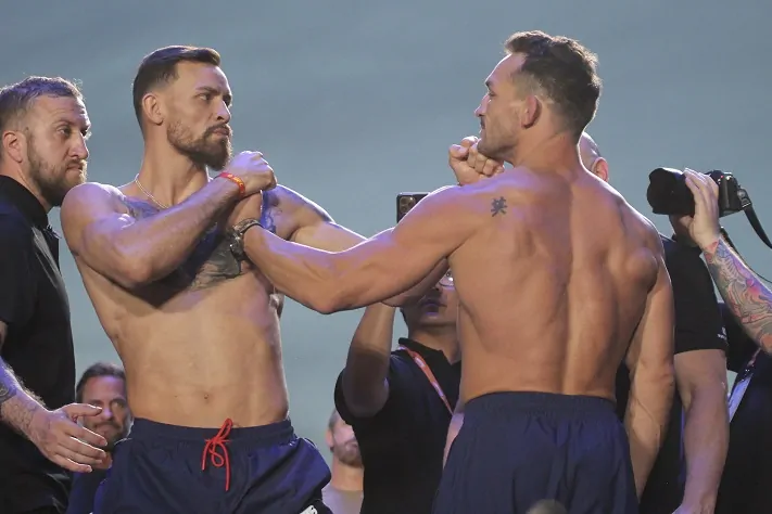 Michael Chandler faces off with Mauricio Ruffy at the UFC Freedom 250 ceremonial weigh-ins