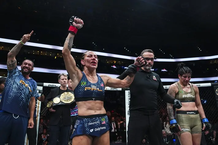 Cris Cyborg has her hand raised after beating Ketlen Vieira at PFL Tampa