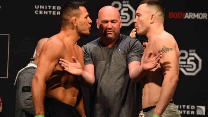 Colby Covington and Rafael dos Anjos face off at the UFC 225 weigh-ins in Chicago