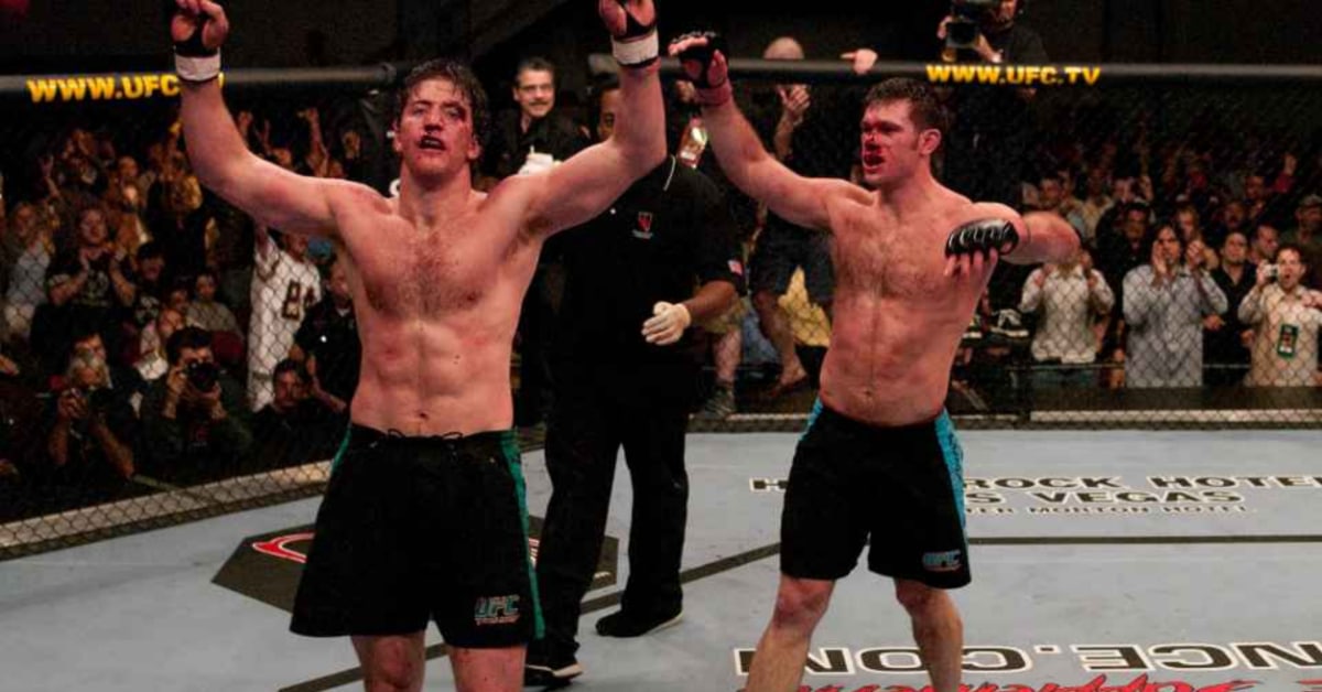 Stephan Bonnar and Forrest Griffin raise their arms in the Octagon after their TUF 1 Finale fight