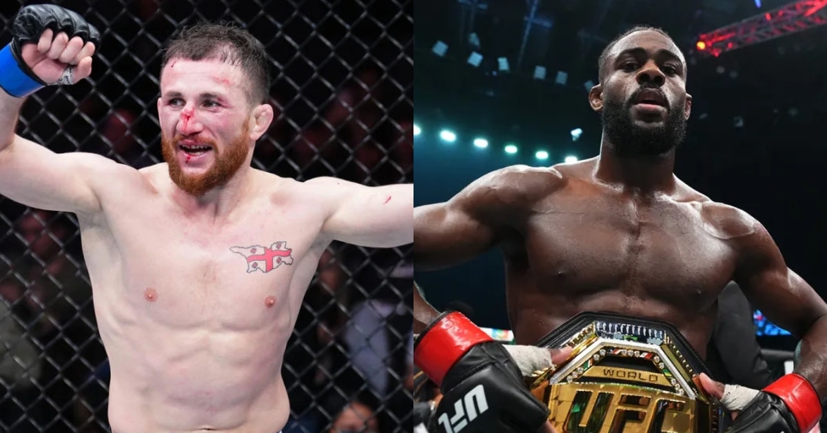 Merab Dvalishvili alongside Serra-Longo teammate Aljamain Sterling and Dana White