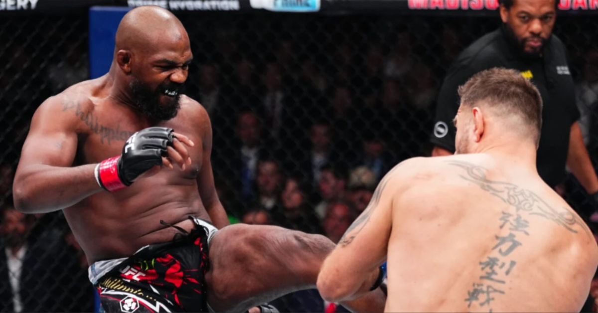 Jon Jones lands the finishing sequence on Stipe Miocic at UFC 309