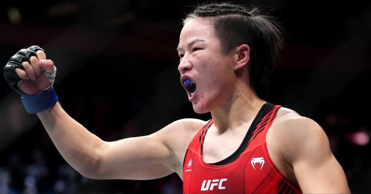 Zhang Weili celebrates in the Octagon