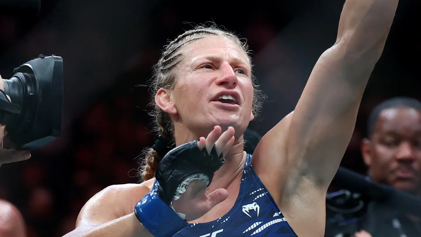 Kayla Harrison reacts to winning the UFC title in Newark