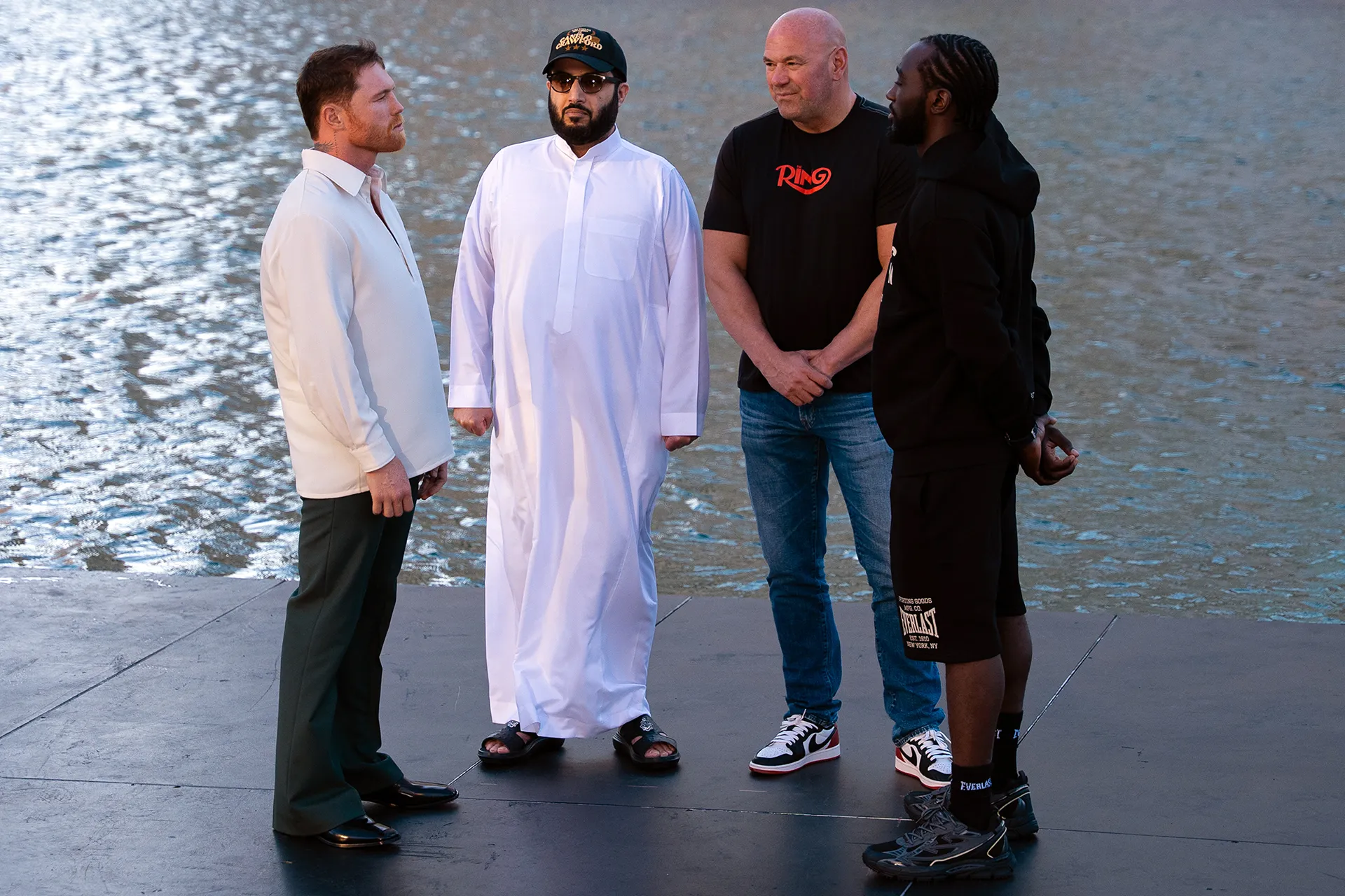 Canelo Alvarez, Turki Alalshikh, Dana White and Terence Crawford at the Bellagio fountains faceoff in Las Vegas