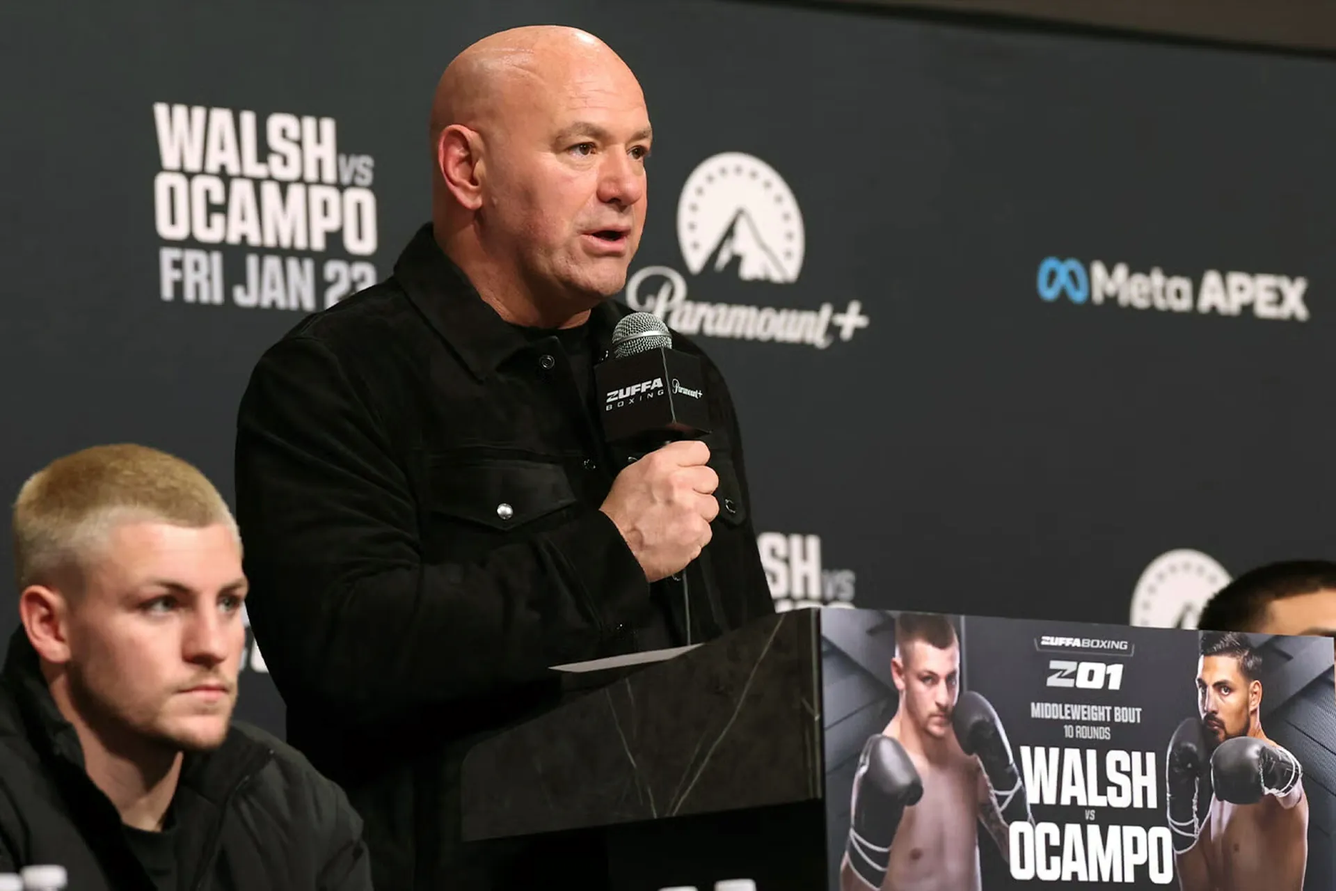 Dana White speaks at the podium at the Zuffa Boxing 01 press conference with Paramount+ branding behind him