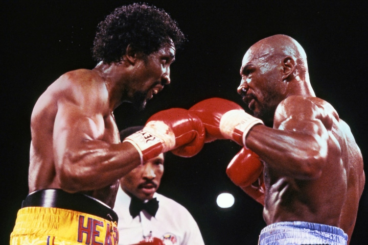 Marvin Hagler and Thomas Hearns trade in The War