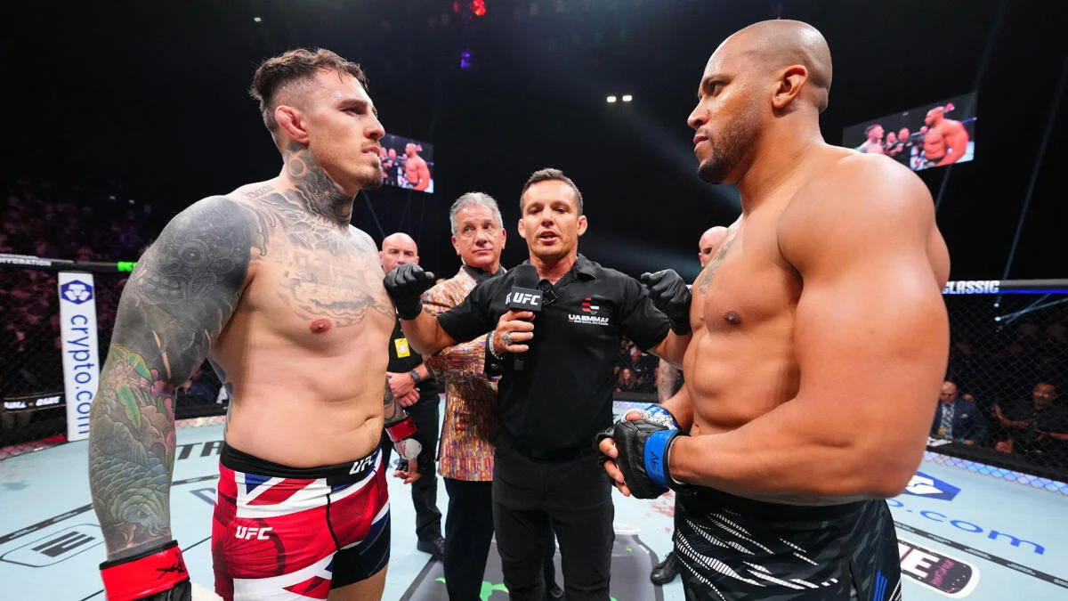 Ciryl Gane and Tom Aspinall before their UFC 321 title fight