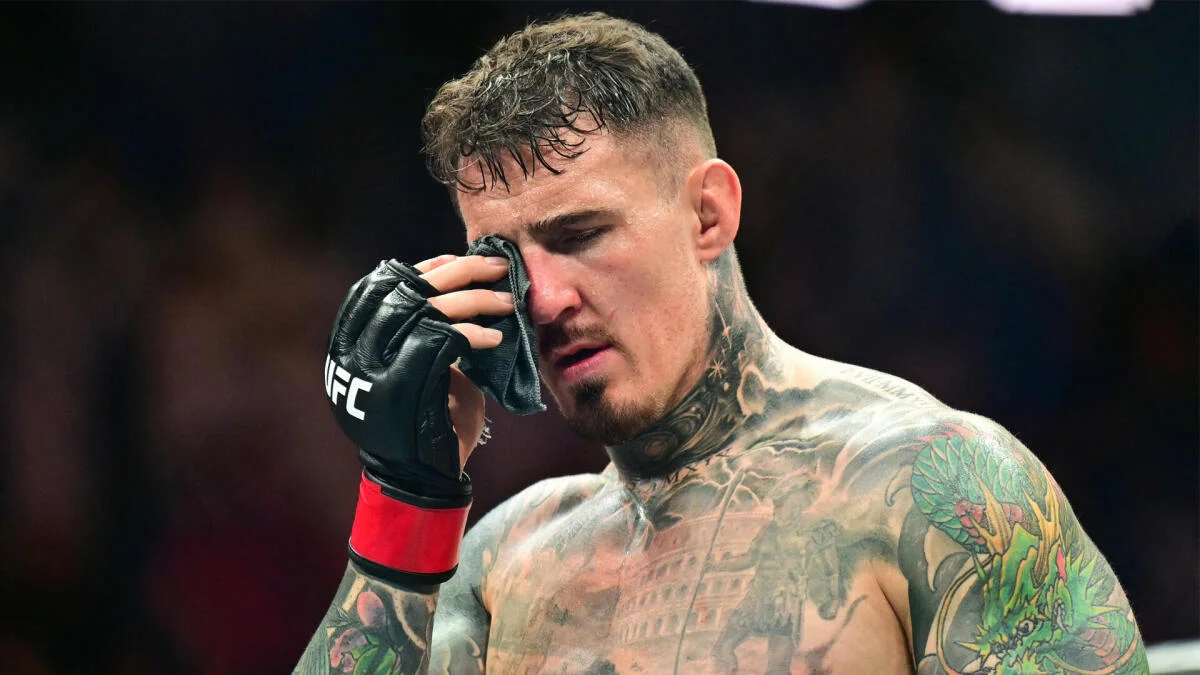 Tom Aspinall after the eye poke that ended UFC 321 and led to months of surgery