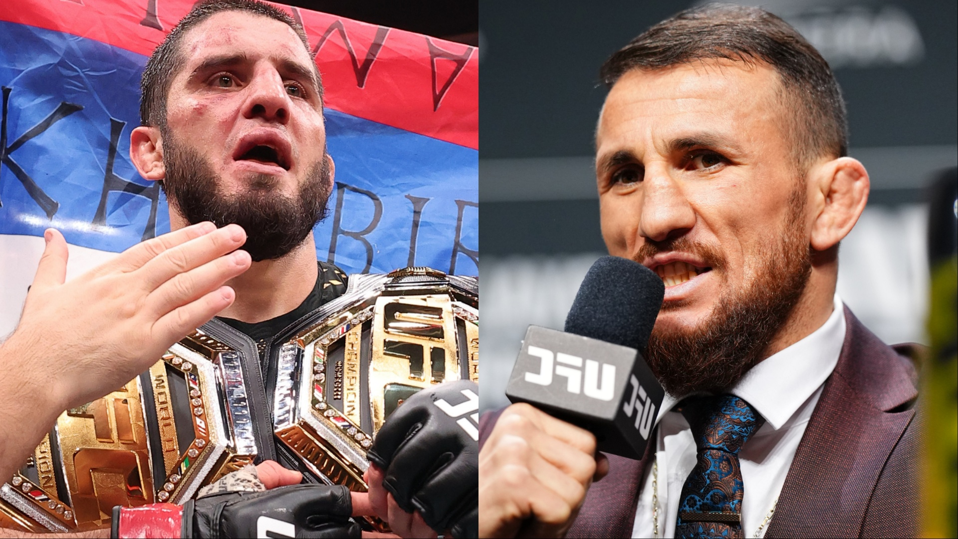Islam Makhachev and Merab Dvalishvili after UFC 330