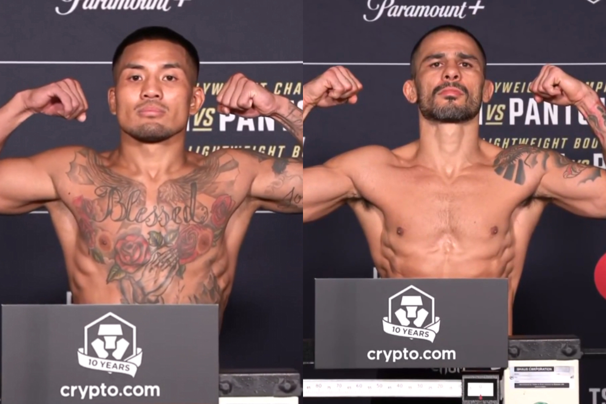 Joshua Van and Alexandre Pantoja at the UFC 331 official weigh-ins in Los Angeles
