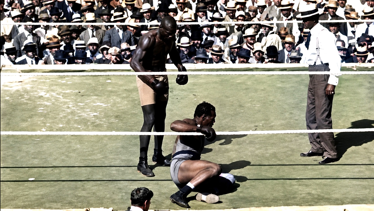 Jack Johnson and James J. Jeffries in their 1910 Fight of the Century