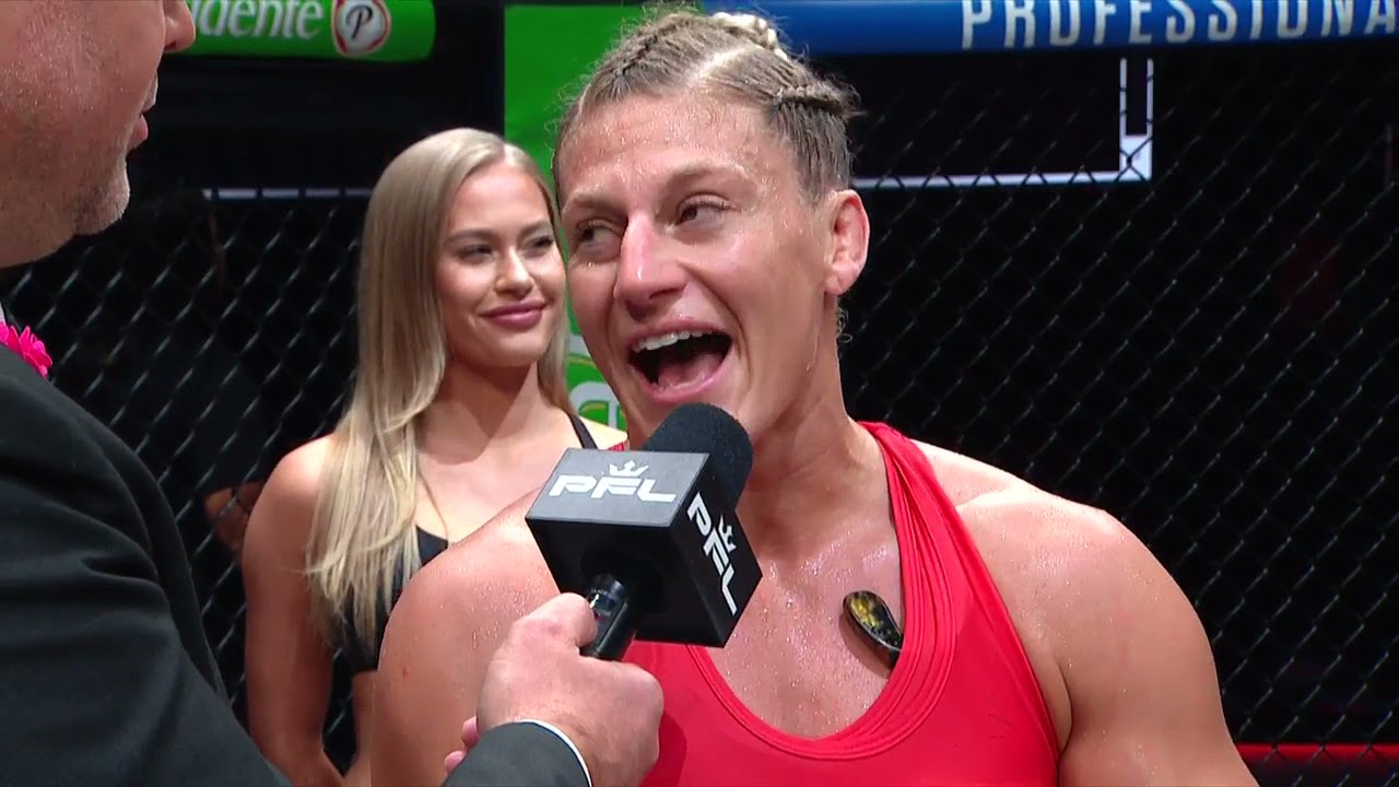 Kayla Harrison celebrates her 2021 PFL championship win over Taylor Guardado