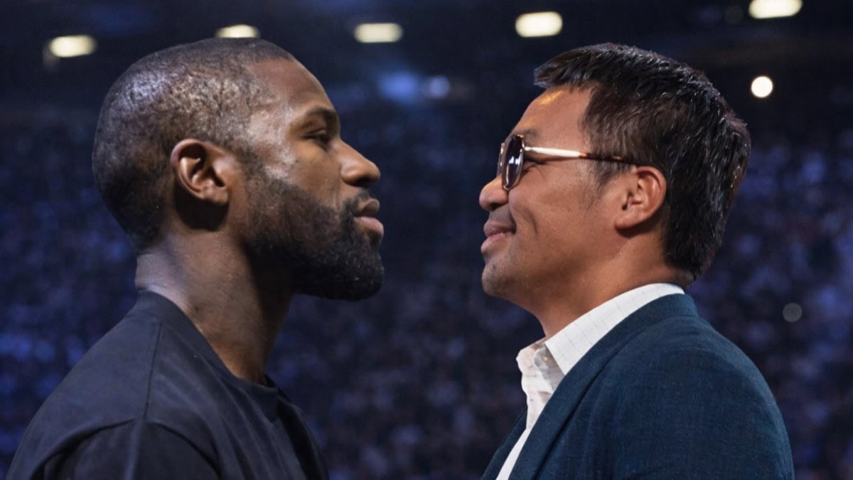 Manny Pacquiao and Floyd Mayweather face off at a promotional event